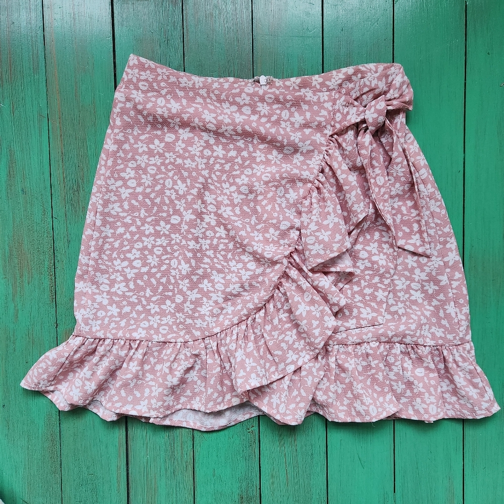 Floral Pink, Tan Wrap Skirt By SHEin XS like New Condition